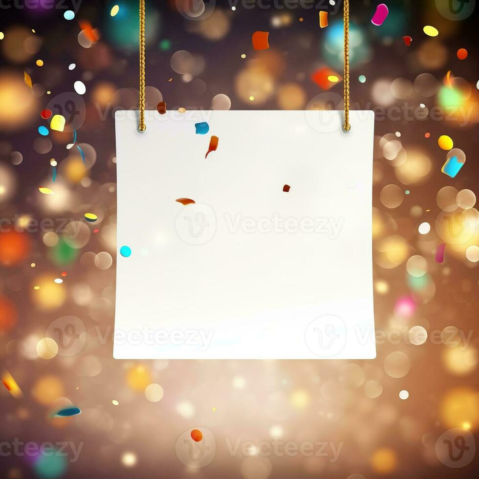 AI generated White sign hangs from a rope, surrounded by a flurry of confetti. The sign is blank, ready for your message. The confetti adds a festive touch, perfect for any celebration. photo