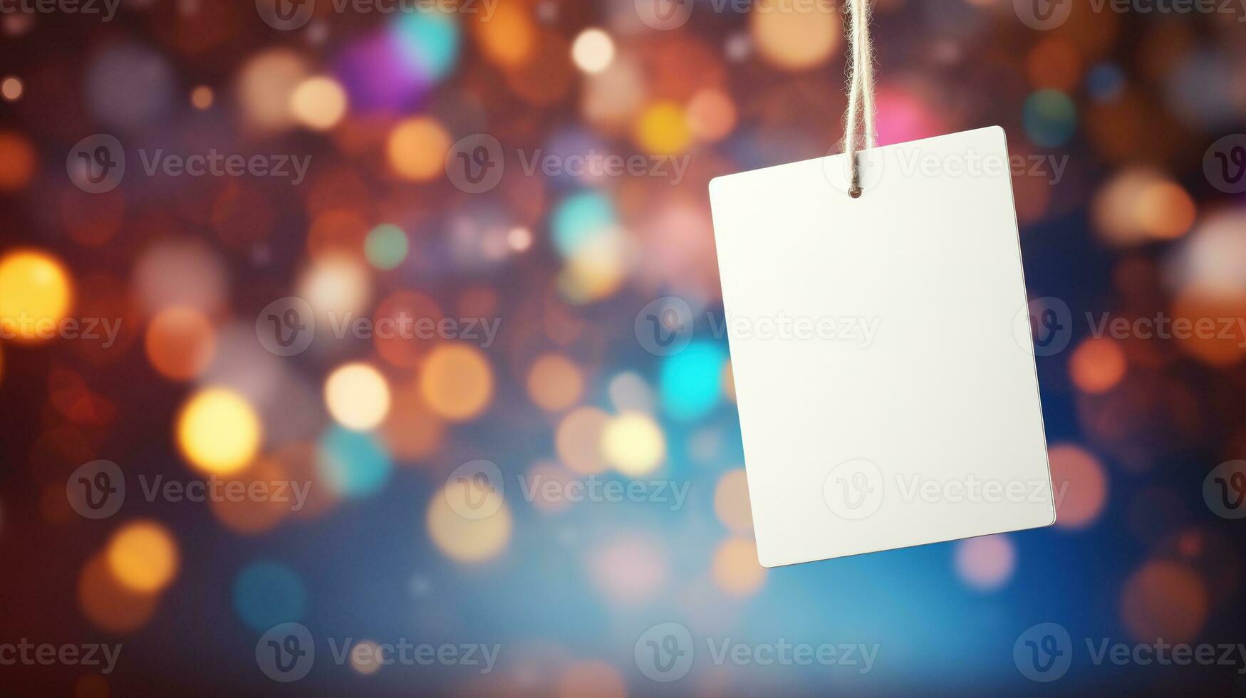 AI generated White sign hangs from a rope, surrounded by a flurry of confetti. The sign is blank, ready for your message. The confetti adds a festive touch, perfect for any celebration. photo