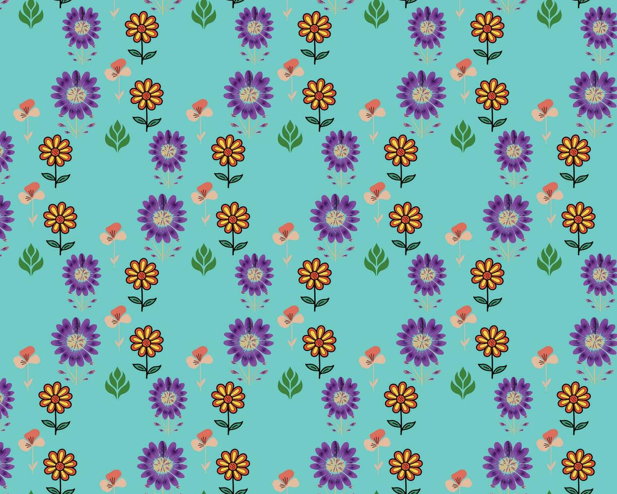 Diagonal Pattern of Orange and Purple Flowers with Yellow Centers on a Light Blue Background vector