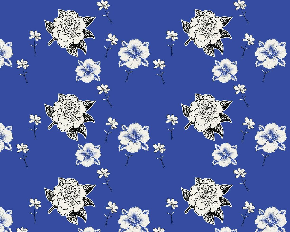 White Flowers and Roses on a Blue Background Pattern vector