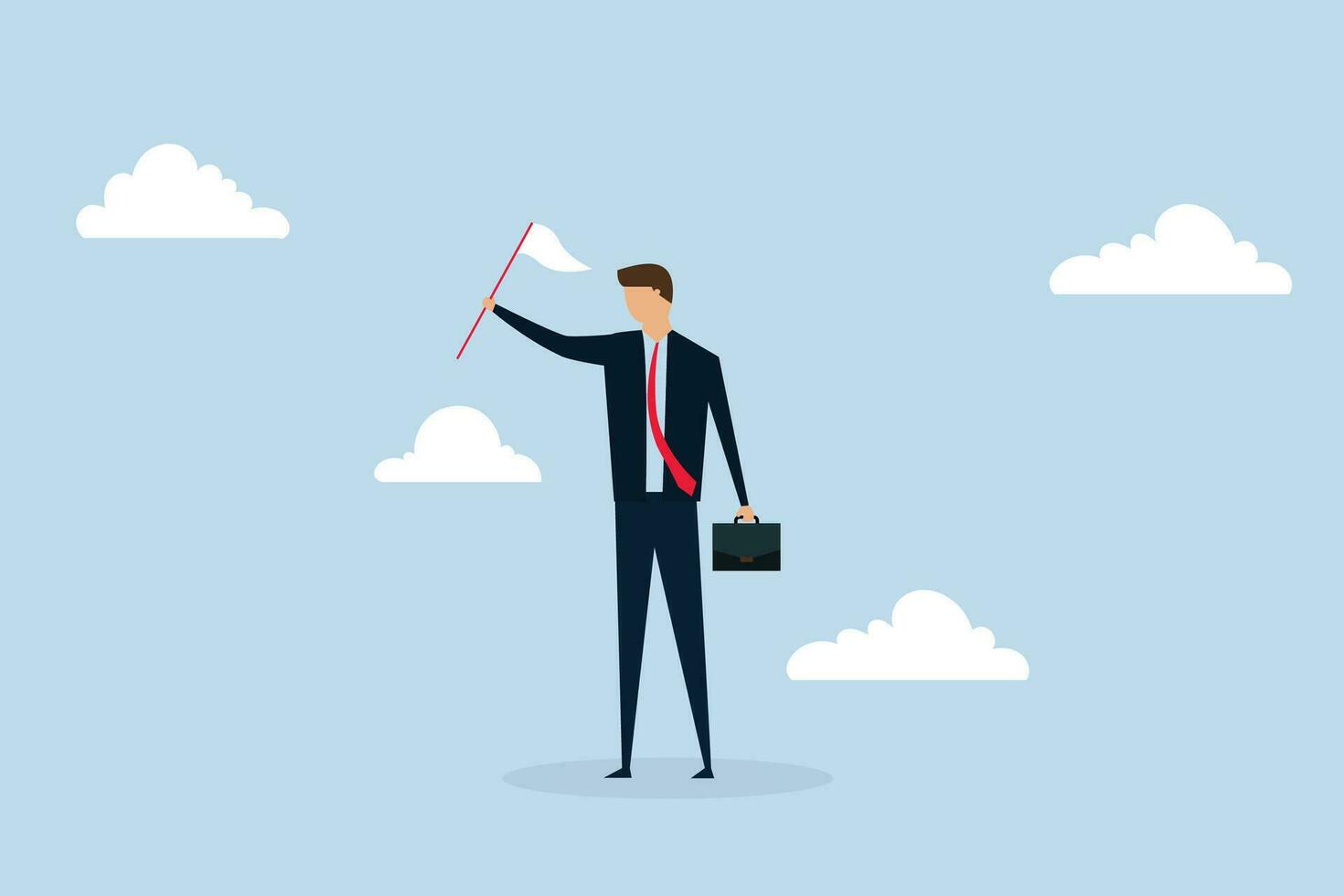 surrender on business battle, sad businessman waves a white flag, symbolizing surrender on work and business. vector