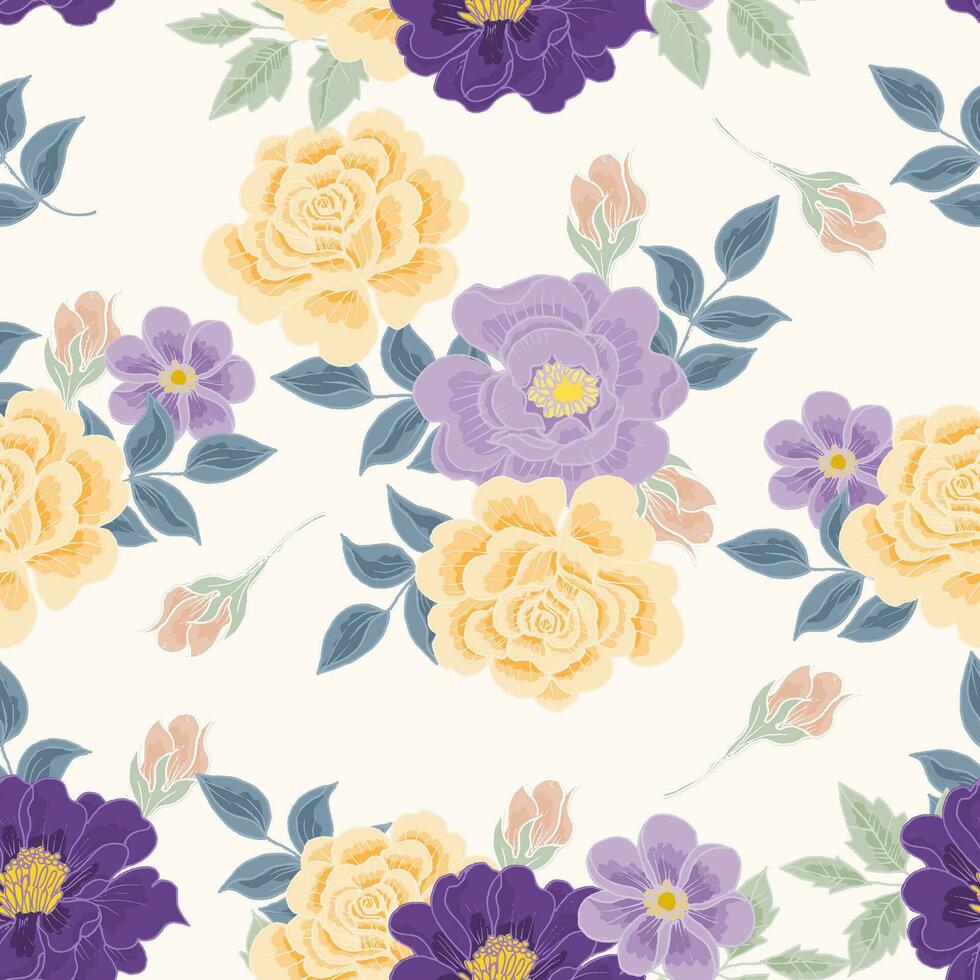 Hand Drawn Purple and Yellow Rose Flower Seamless Pattern vector