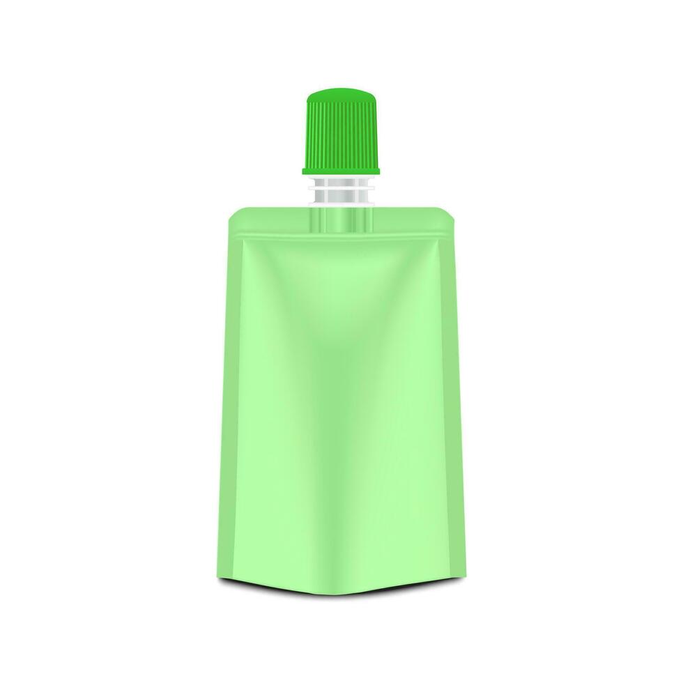 Mock up Blank Foil Flexible Pouch Bag with Corner Spout Lid. Food, Drink or cosmetic Packaging. Illustration Isolated on White Background. Mock Up Template. vector