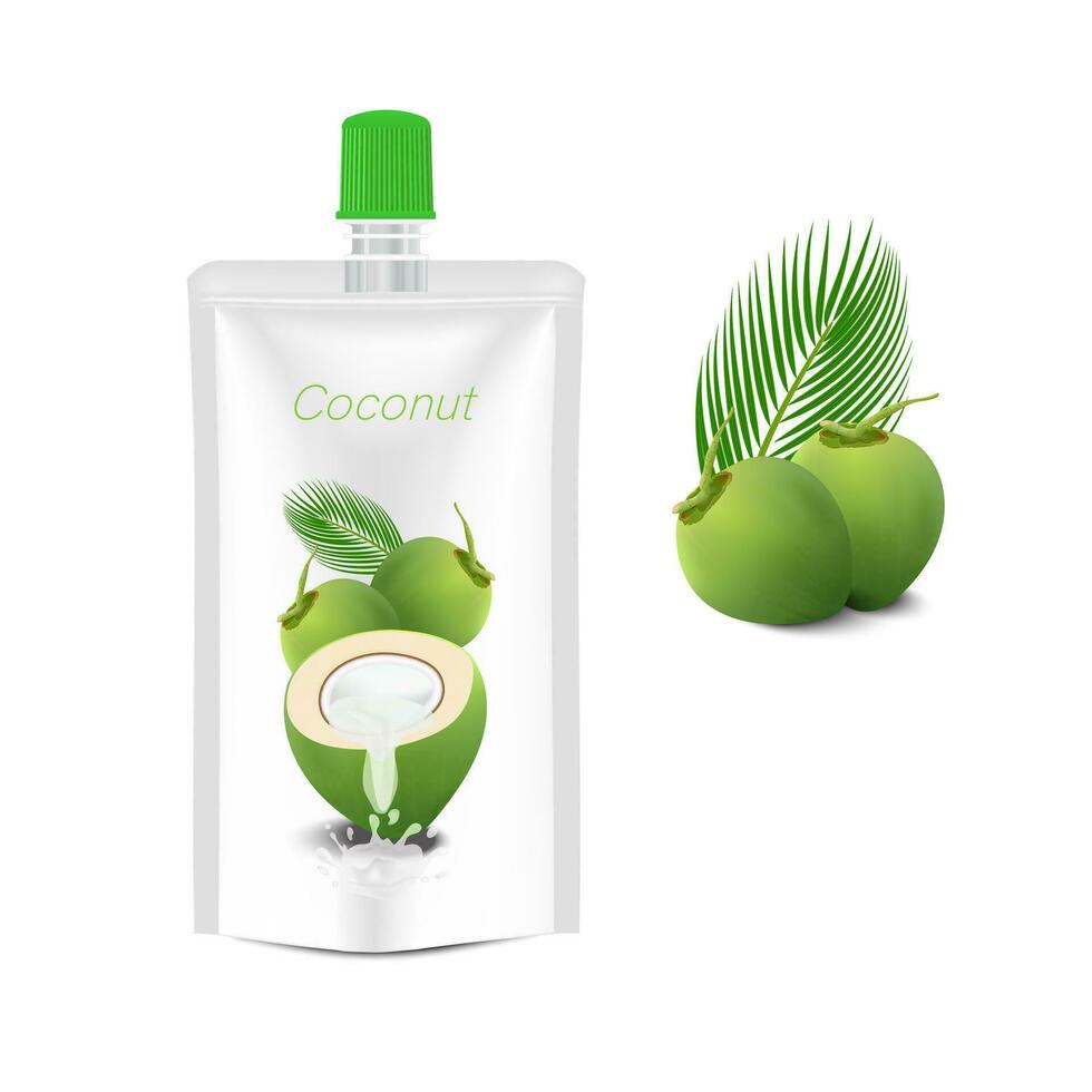 Packaging with green coconut water drink on white background. Vector illustration EPS 10.