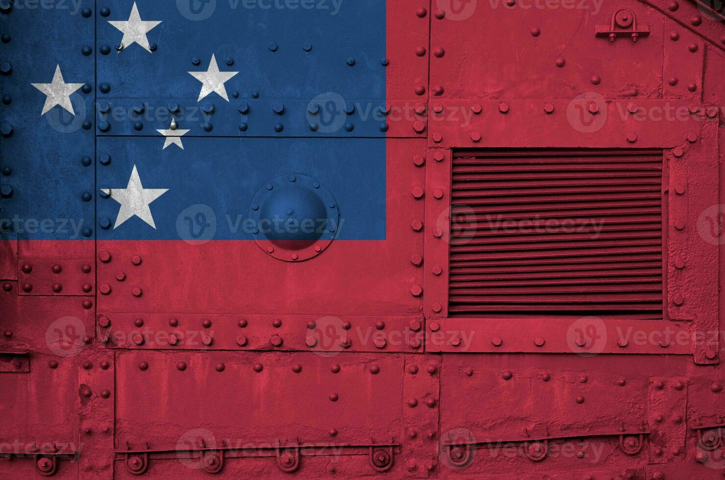 Samoa flag depicted on side part of military armored tank closeup. Army forces conceptual background photo