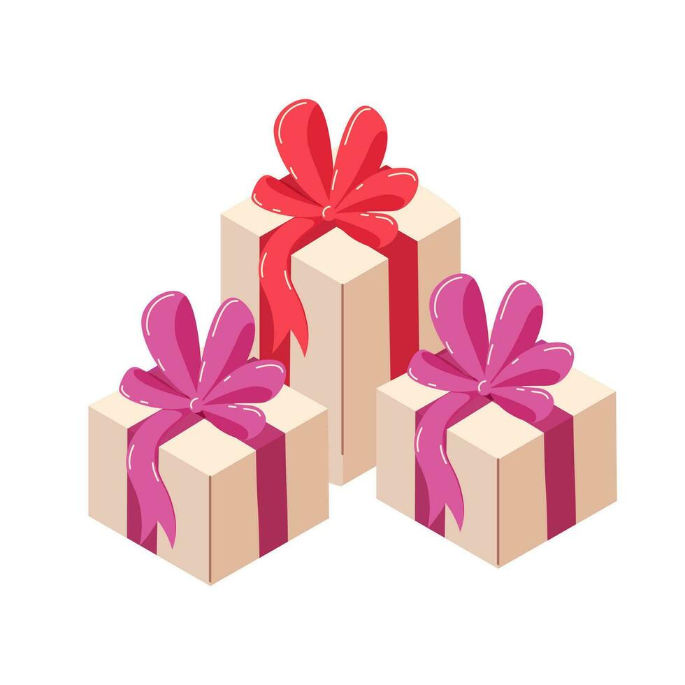 Merry Christmas isometric gifts. Christmas gifts in craft paper set. Present boxes in craft wrappings with twine bows and branches, Xmas wreaths, envelopes. Vector flat illustration.