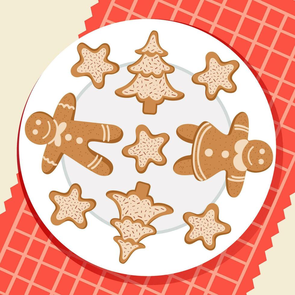 Plate with ginger cookies in the form of men, Christmas trees, stars. Christmas Ginger Cookies. Winter homemade cakes. Vector flat illustration.