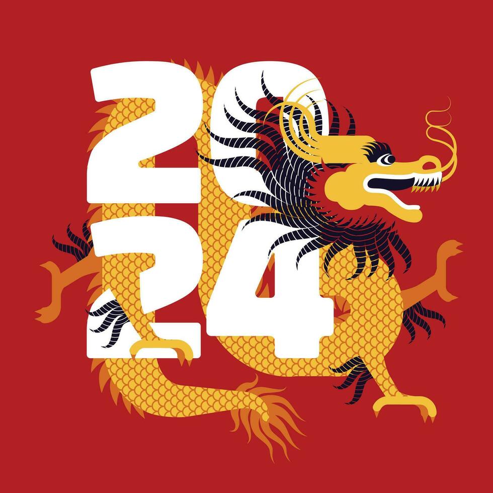 Chinese New Year 2024. Dragon. Monthly calendar. Red traditional postcard. Vector flat illustration