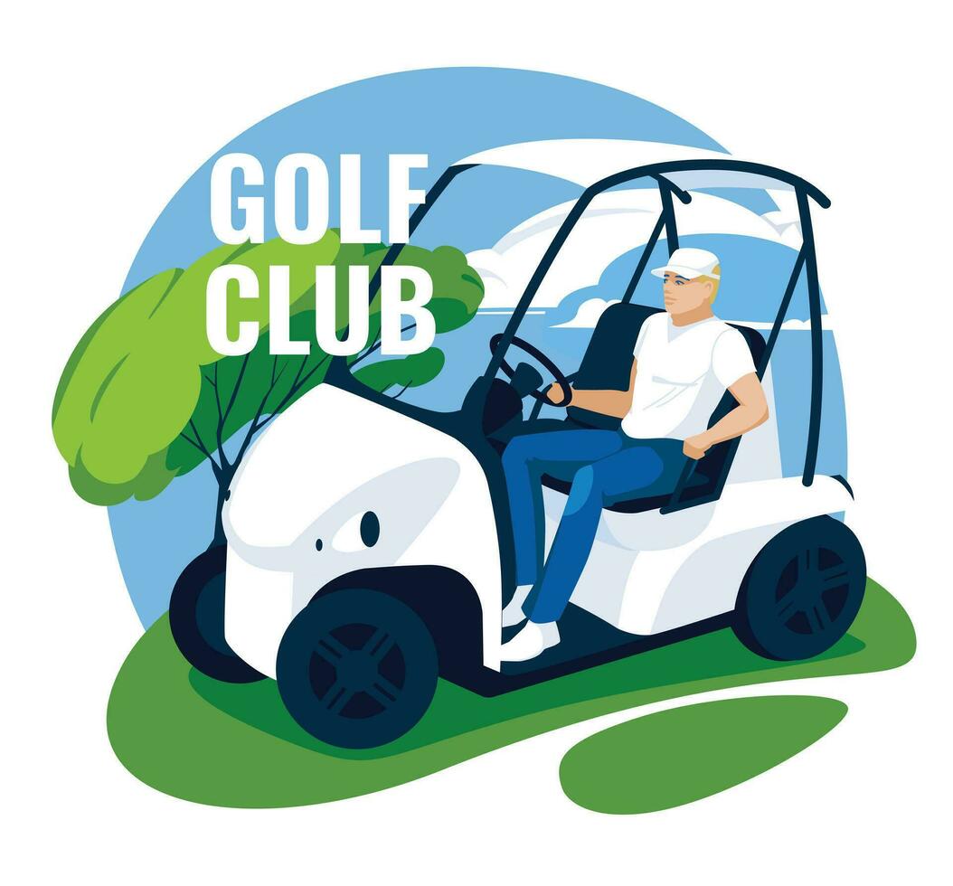 Golfer on a golf cart on a putting green. Sports competitions, hobbies and studies. Vector flat illustration