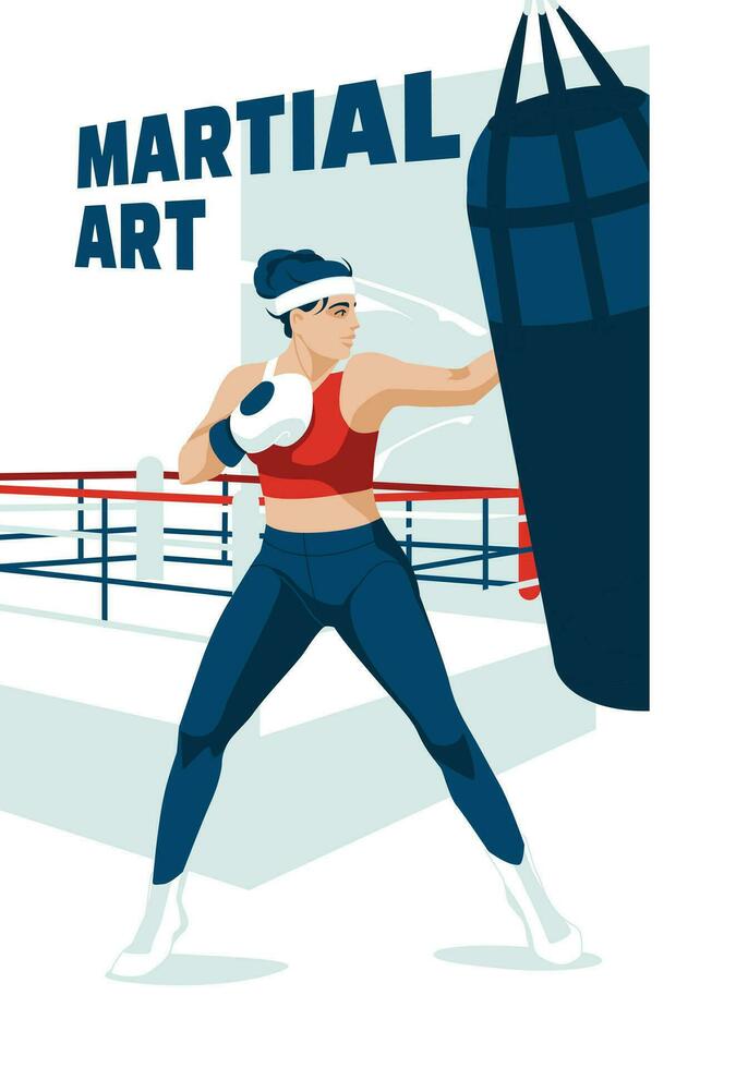 A young woman punches against the background of a boxing ring. Sports competitions, hobbies and studies. Martial art. Vector flat illustration