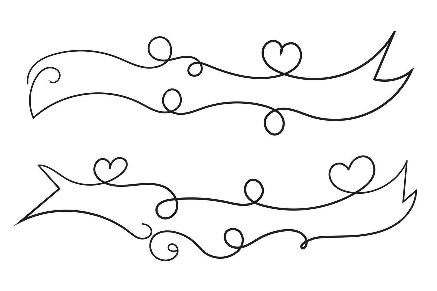 valentines day curly hearts style calligraphy outline ribbon, Hand drawing Calligraphic heart ribbon vector banner, Decorative hearts romantic love text banner, heart scroll Line outline ribbon
