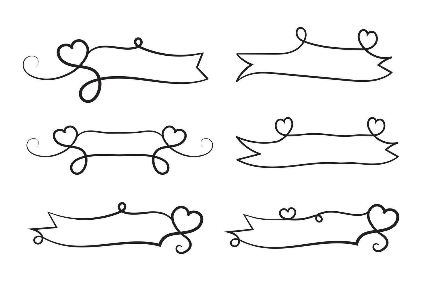 valentines day curly hearts style calligraphy outline ribbon, Hand drawing Calligraphic heart ribbon vector banner, Decorative hearts romantic love text banner, heart scroll Line outline ribbon