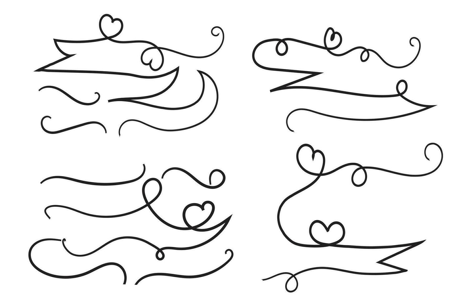 valentines day curly hearts style calligraphy outline ribbon, Hand drawing Calligraphic heart ribbon vector banner, Decorative hearts romantic love text banner, heart scroll Line outline ribbon