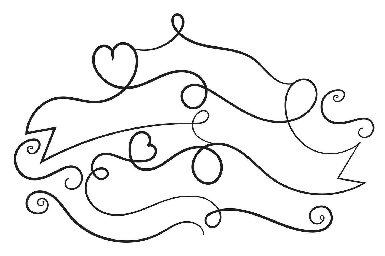 valentines day curly hearts style calligraphy outline ribbon, Hand drawing Calligraphic heart ribbon vector banner, Decorative hearts romantic love text banner, heart scroll Line outline ribbon