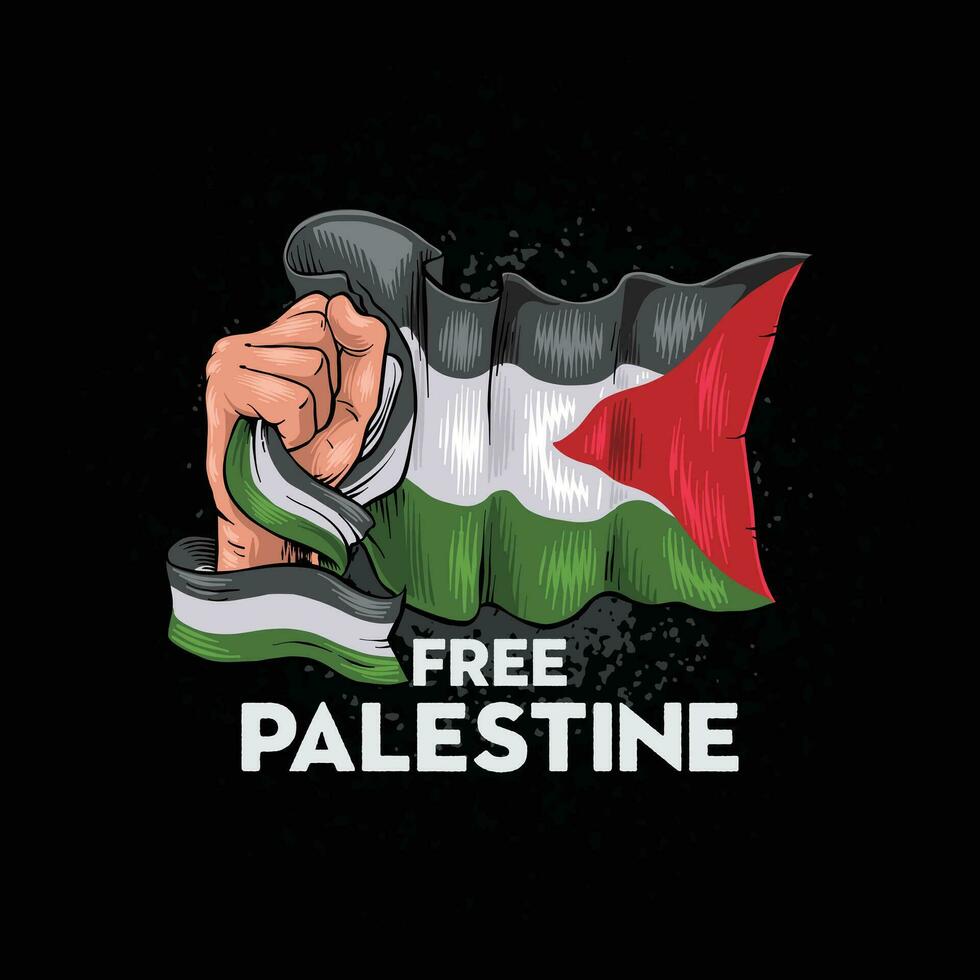 vector illustration of hand holding palestine flag, isolated on black background