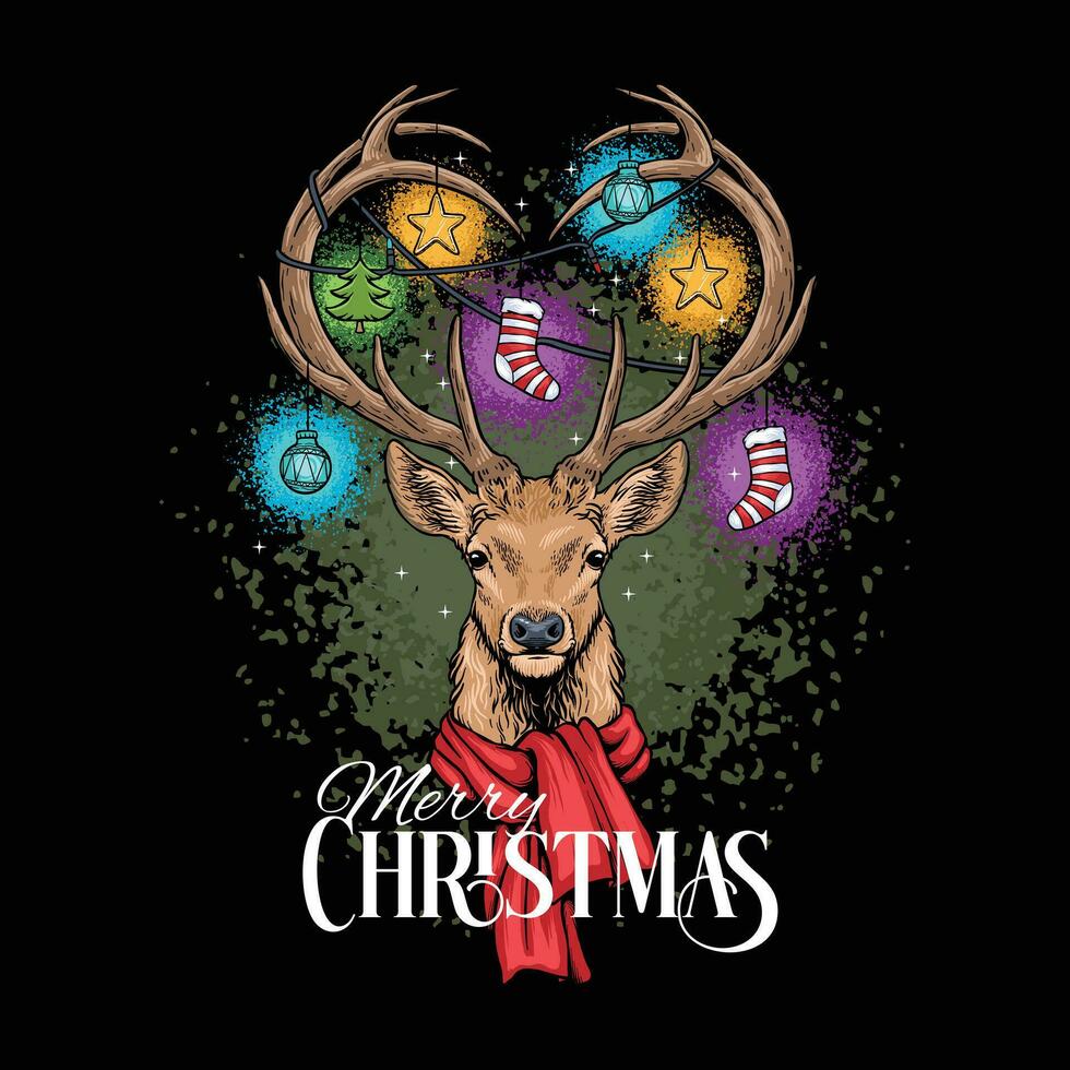 card or t-shirt design with an illustration of a deer and decorated with Christmas accessories on its antlers. vector illustration