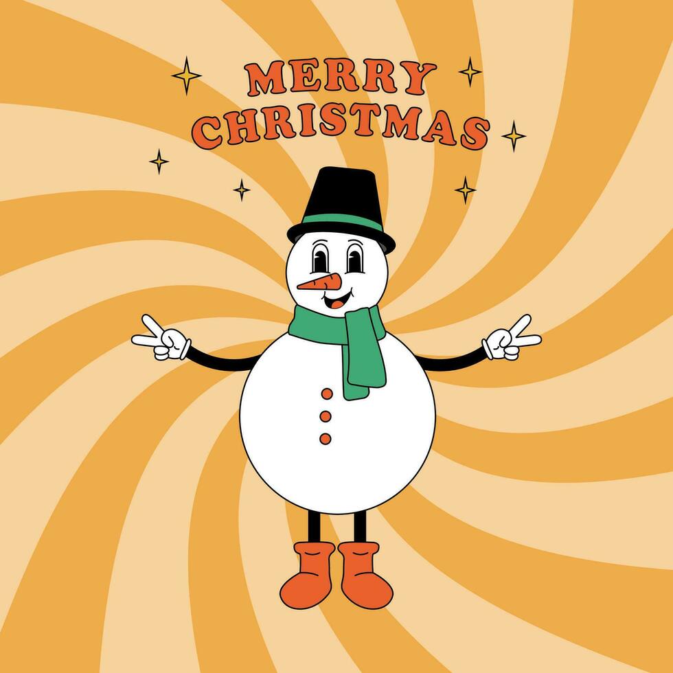 Groovy Christmas card with snowman. 70s groovy square poster, greeting card, party invitation. Retro print with hippie fun snowman. vector