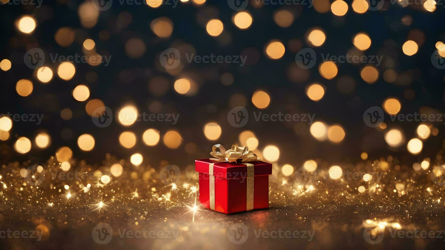 AI generated christmas background with sparking light particles, gifts photo