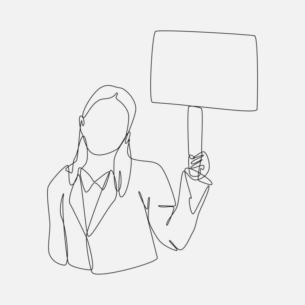 woman in formal clothes holding a blank board on a wooden stick. continuous one line drawing style. editable lines. vector illustration.