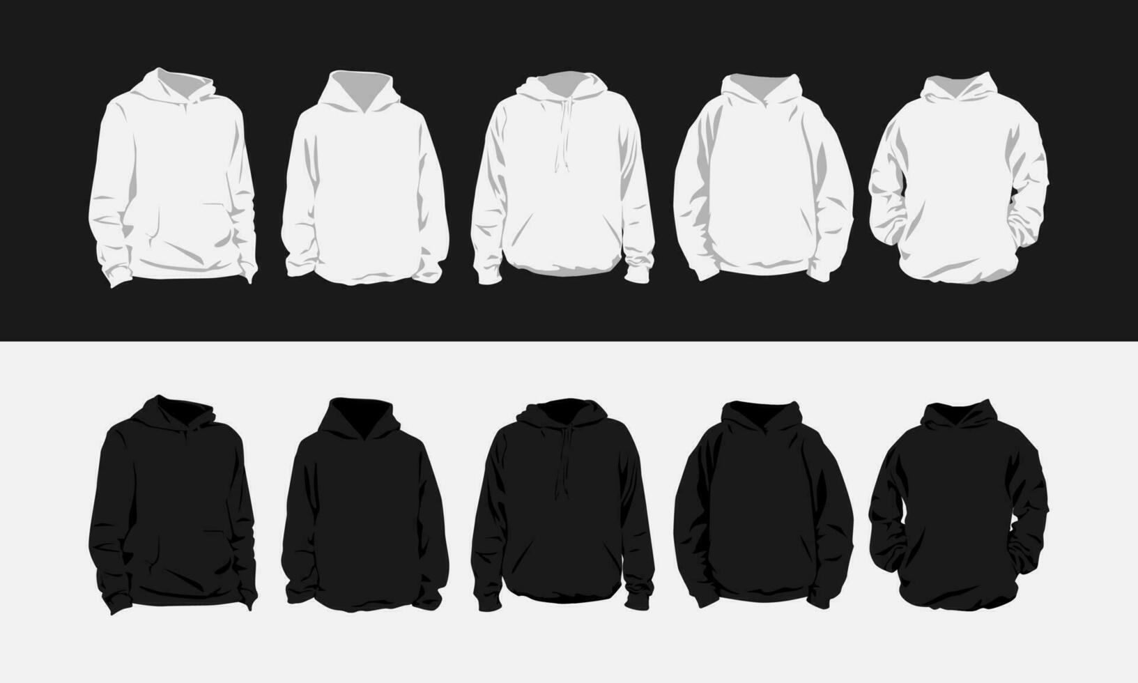 set of black and white hoodies. front look. flat vector illustration.