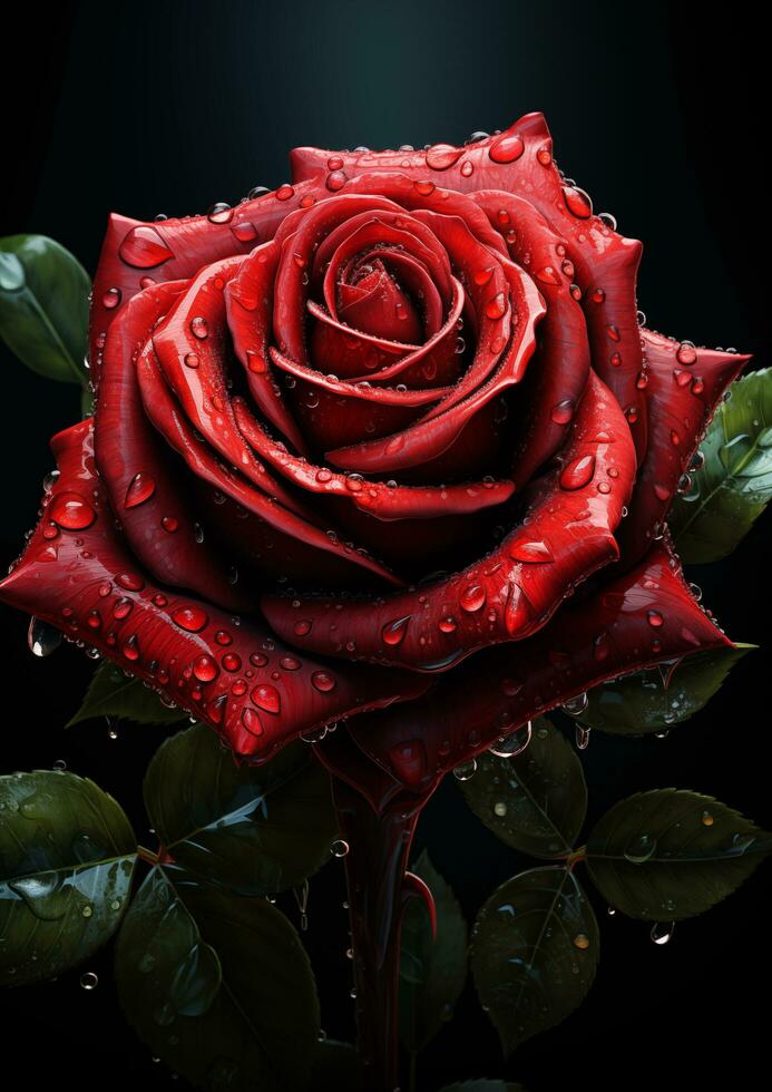 ai generado rojo Rosa cubierto con lluvia gotas en un negro antecedentes foto