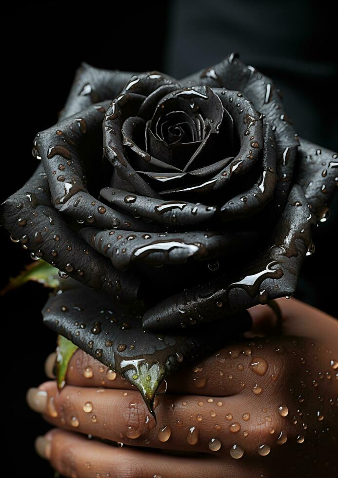 AI generated hand holding a black unique flower on a black background photo