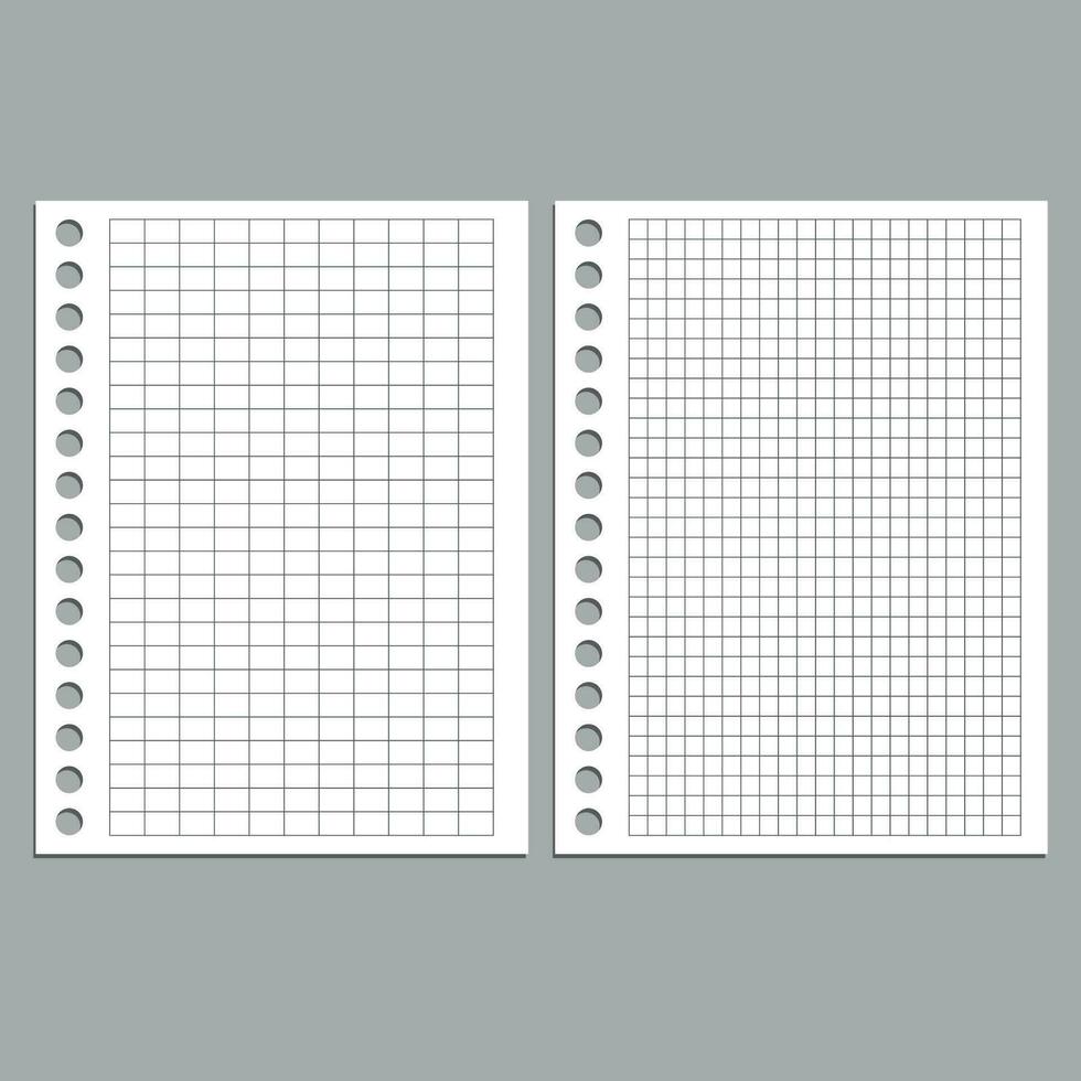 Set of vector realistic illustrations of a sheet of paper blank from a workbook with a shadow.