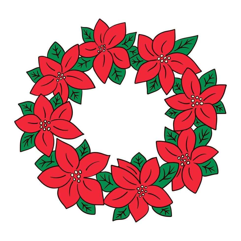 Flat cartoon Christmas wreath from poinsettia. Vector hand drawn cozy winter holiday decoration on white background. Good for Christmas decoration, stickers