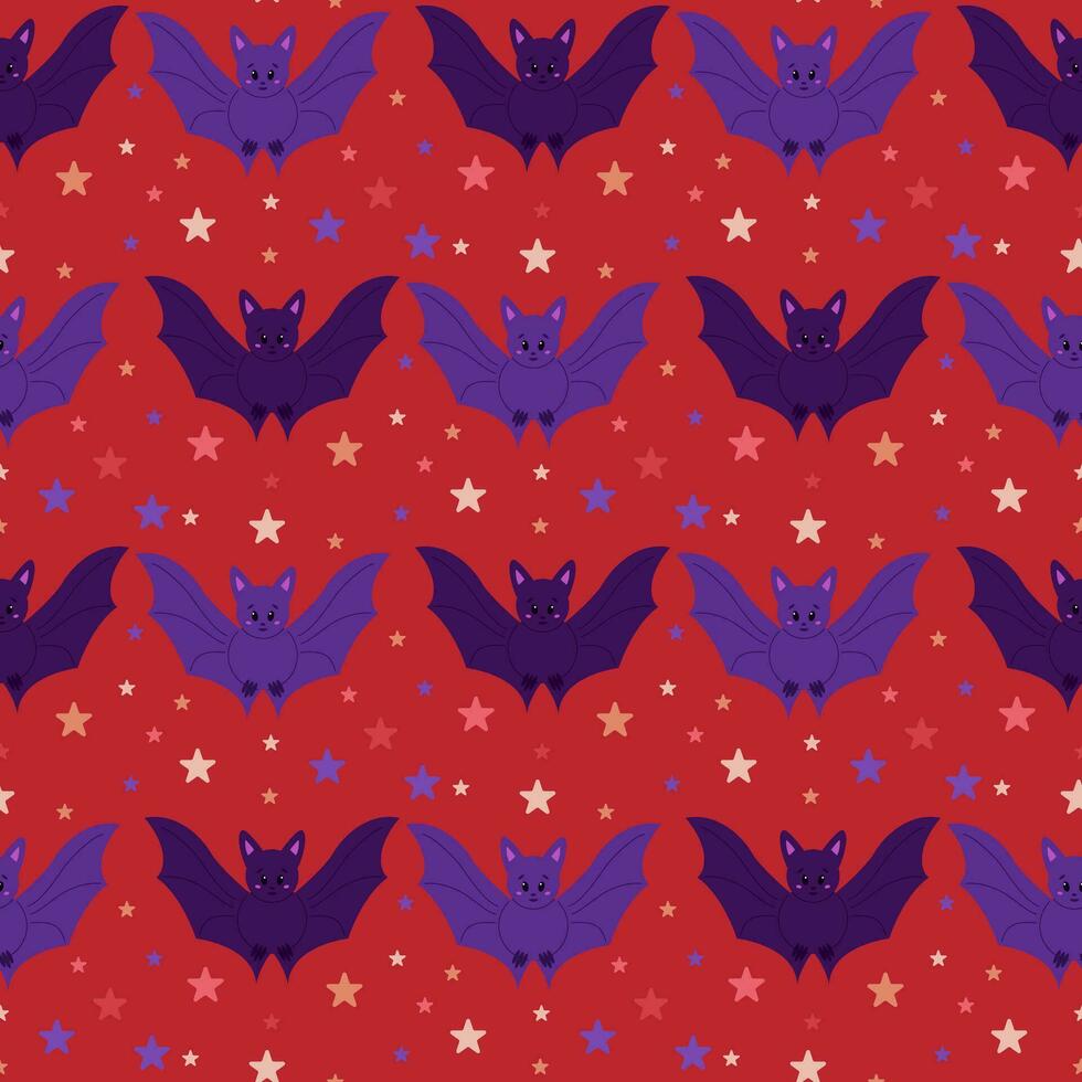 Cute mystical seamless pattern with funny bat. Flat kawaii magical elements on red background. Witch related items. Graphic print design for wrapping paper, kids textile, background, banner vector