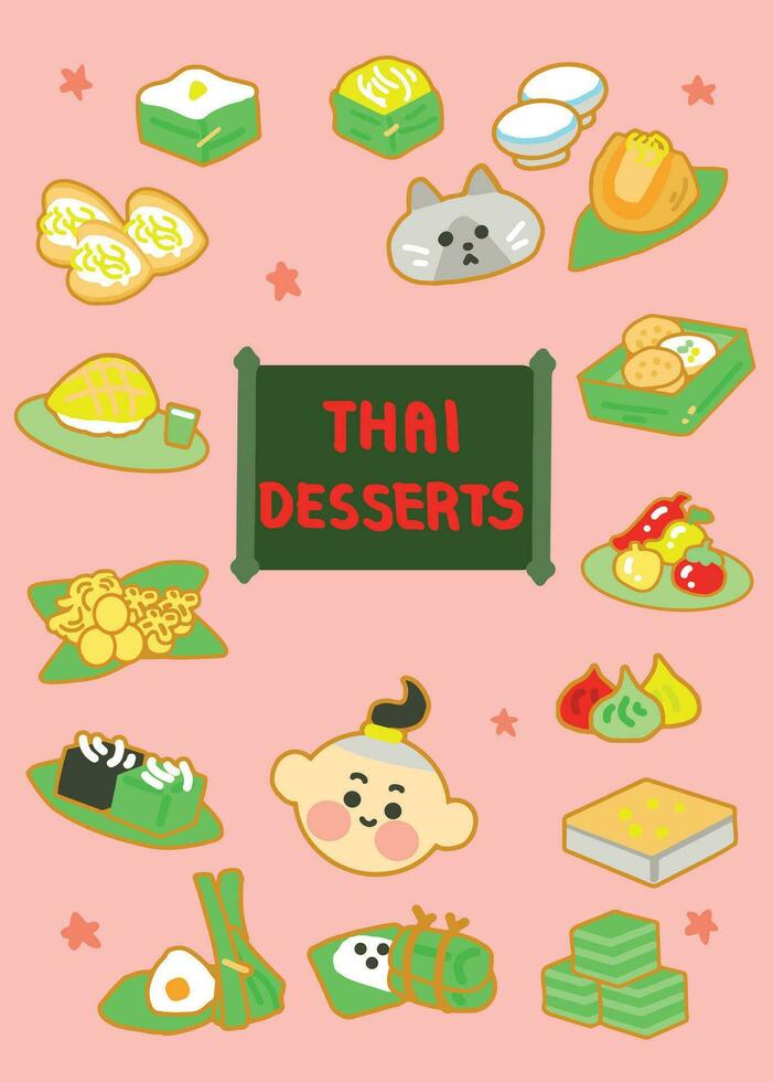 Thai desserts icon set. Hand draw doodle art cartoon style. vector