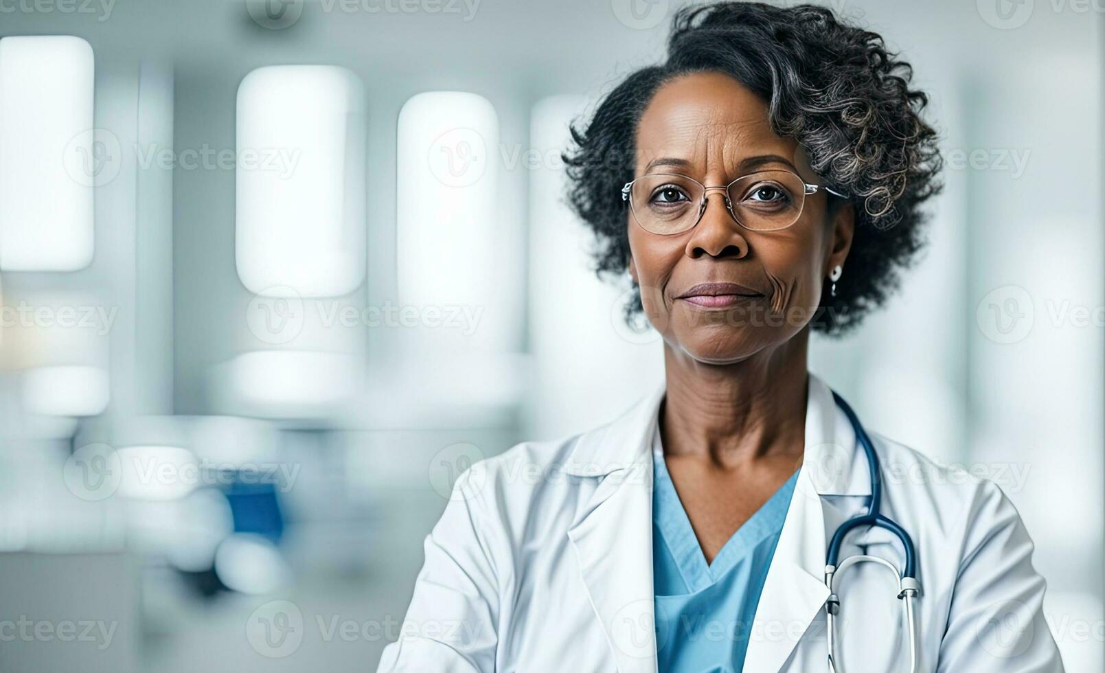 AI generated Middle aged African American woman doctor in hospital, white colors. This photo was generated using Playground AI