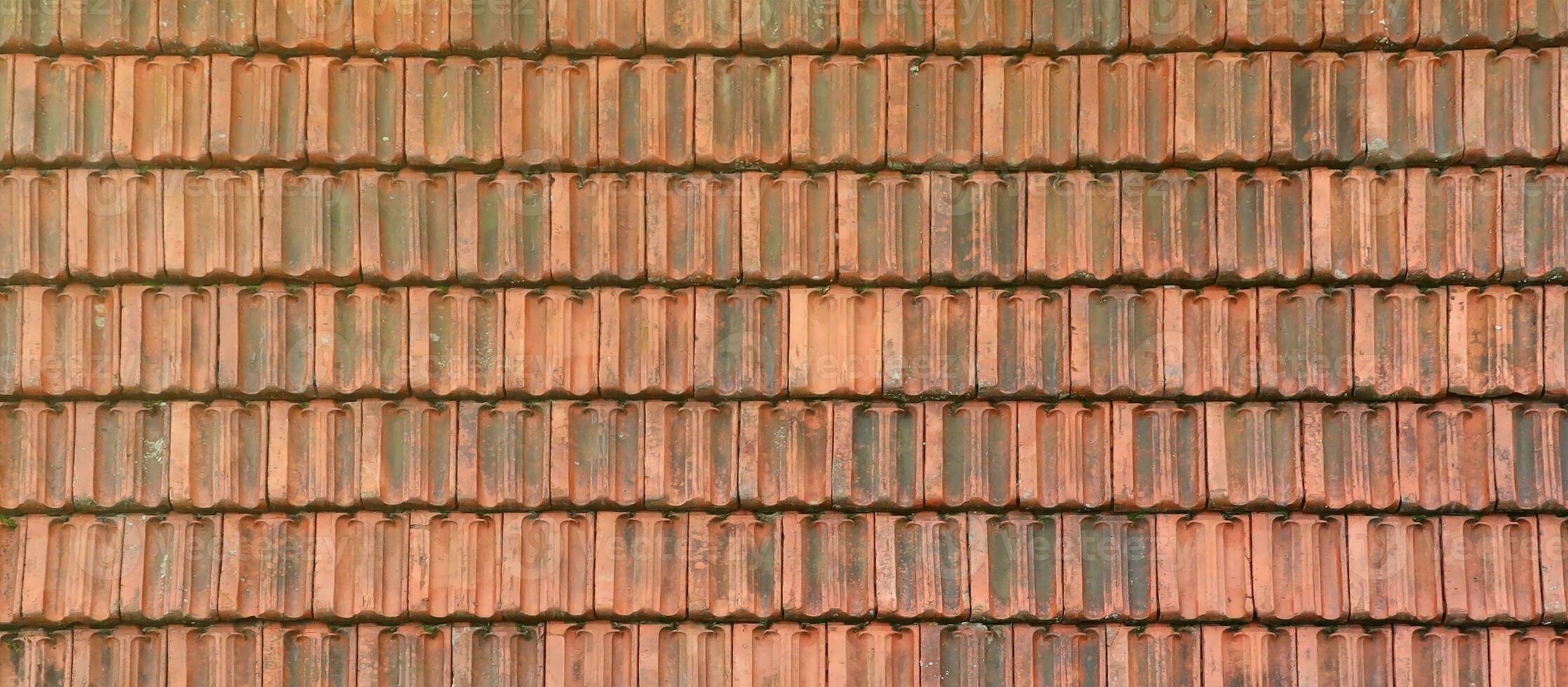 Close up of red terracotta roof shingles with some mildew. Background texture of roofing material photo