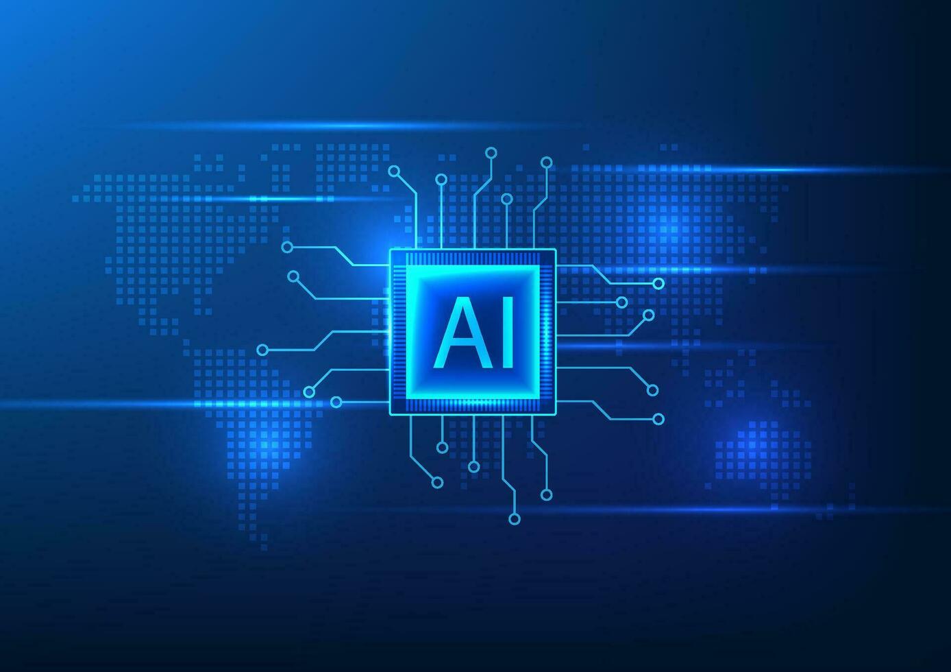 Artificial intelligence technology AI chip on the world map Shows AI technology that plays a role in daily life in the fields of industry, business, learning, and finance. vector