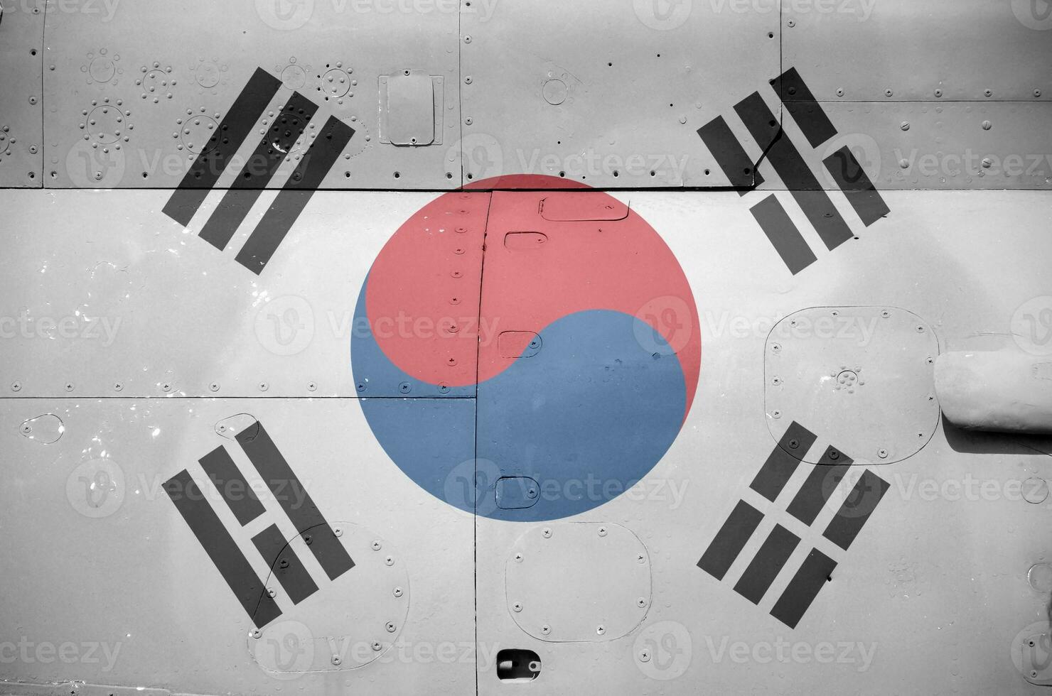 sur Corea bandera representado en lado parte de militar blindado helicóptero de cerca. Ejército efectivo aeronave conceptual antecedentes foto