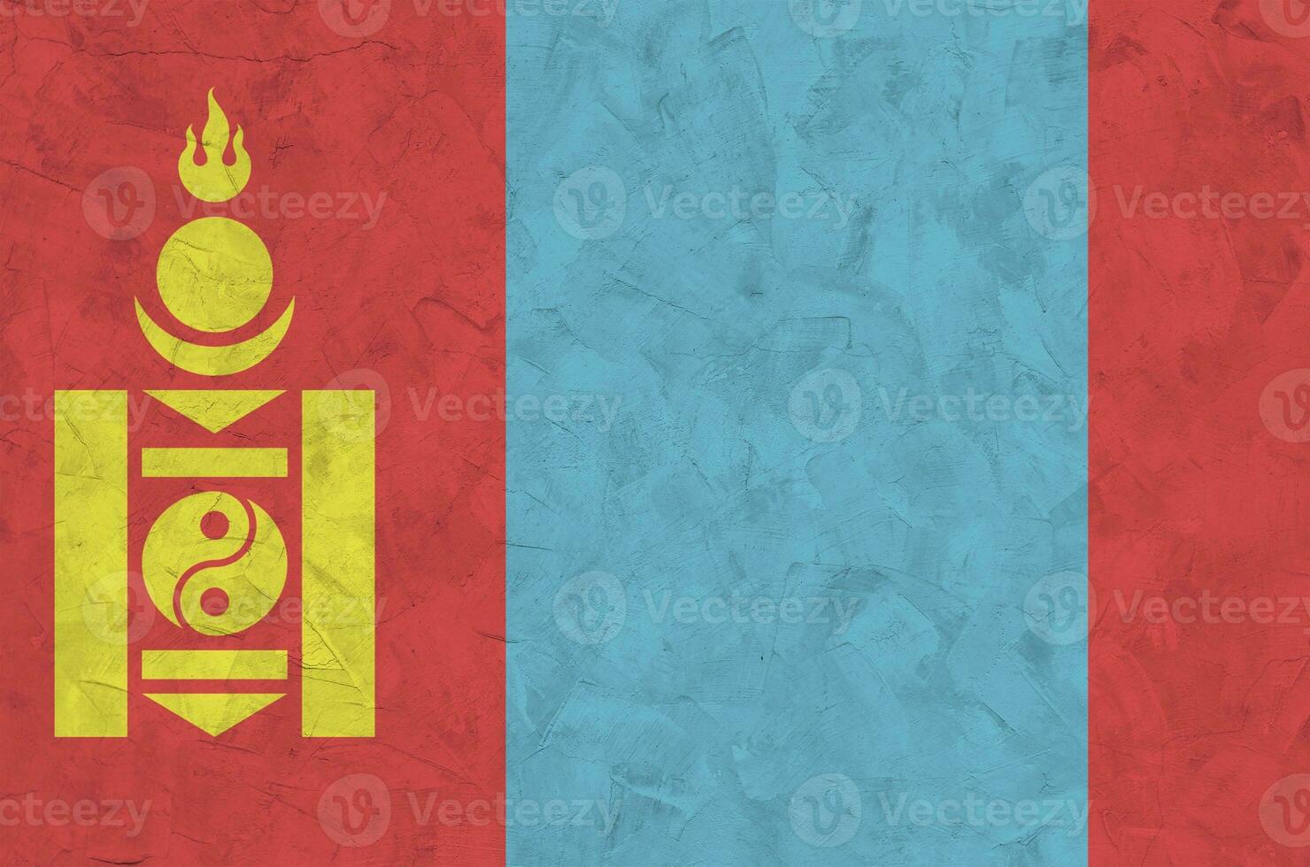 Mongolia flag depicted in bright paint colors on old relief plastering wall. Textured banner on rough background photo