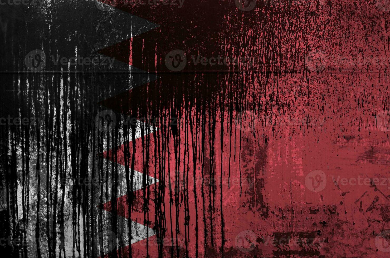 Bahrain flag depicted in paint colors on old and dirty oil barrel wall closeup. Textured banner on rough background photo