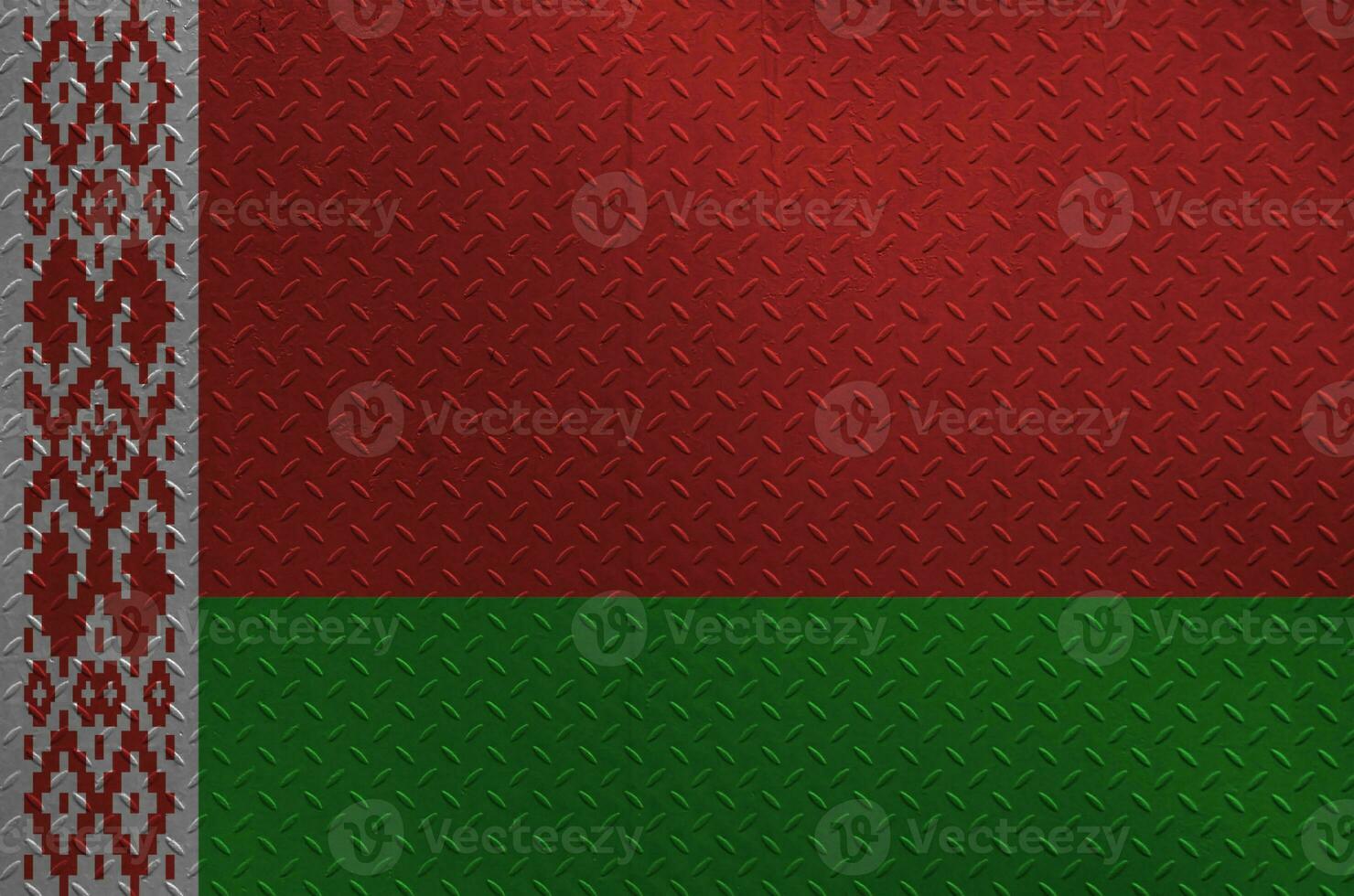 Belarus flag depicted in paint colors on old brushed metal plate or wall closeup. Textured banner on rough background photo