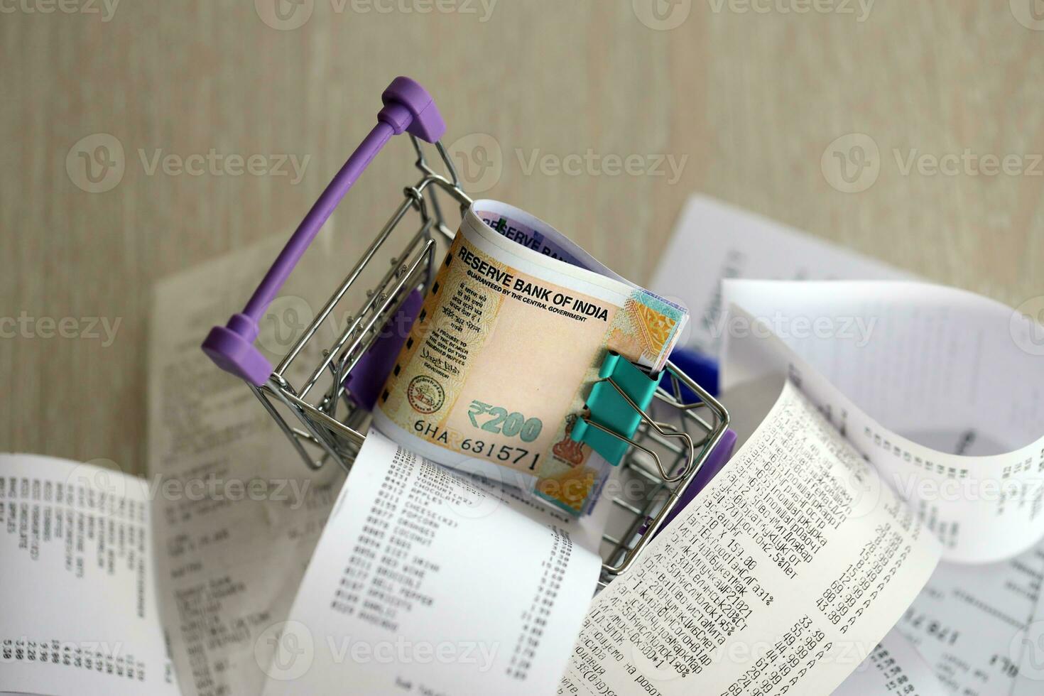 Indian rupees money bills bunch in shopping trolley surrounded by many paper receipts photo
