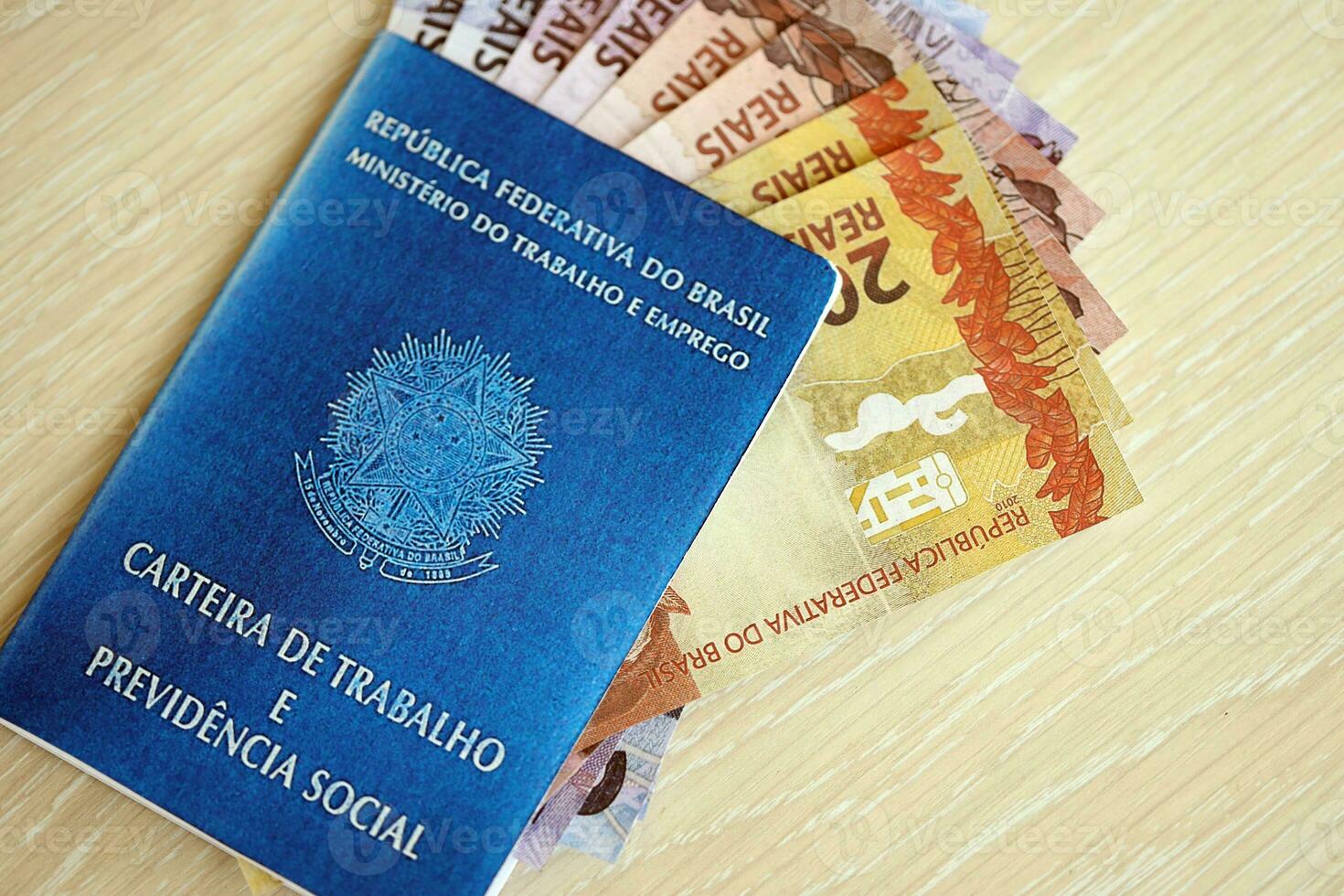 Brazilian work card and social security blue book and reais money bills photo