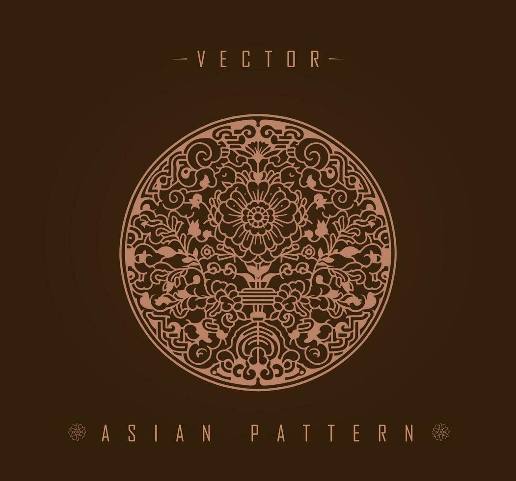 Intricate Circular Floral Asian Pattern in Monochrome vector