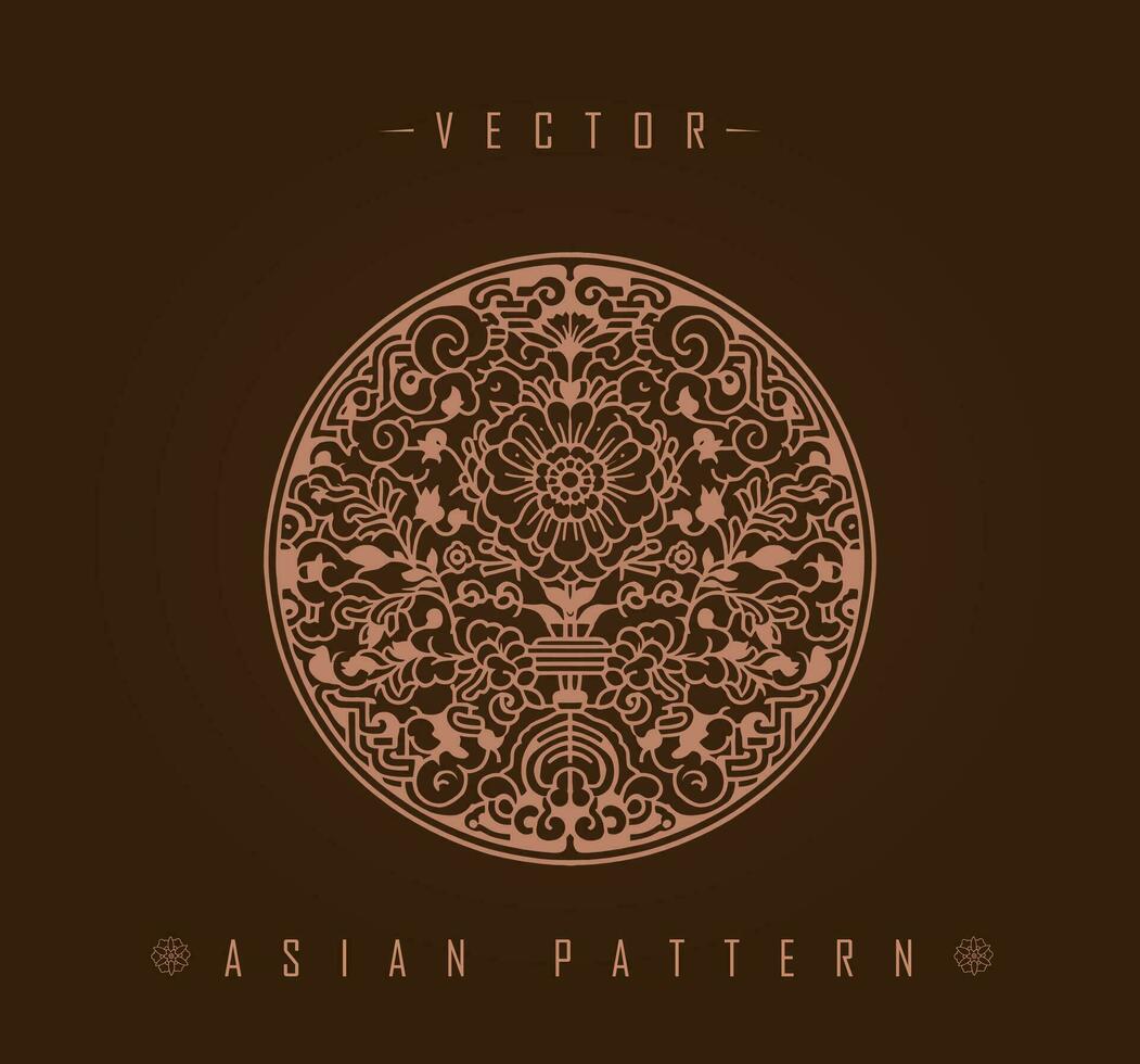 Intricate Circular Floral Asian Pattern in Monochrome vector