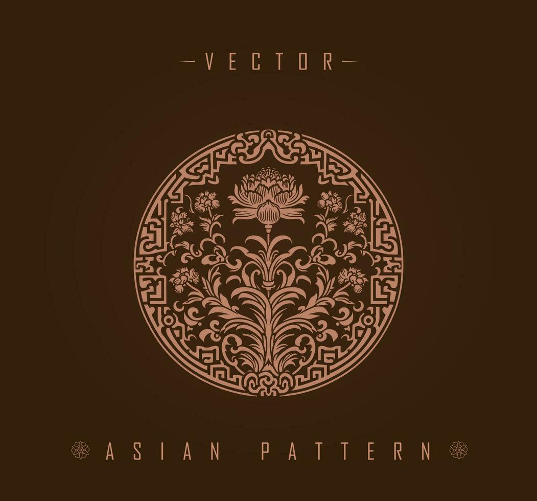 Ornate Circular Asian Pattern with Lotus and Foliage Motifs vector