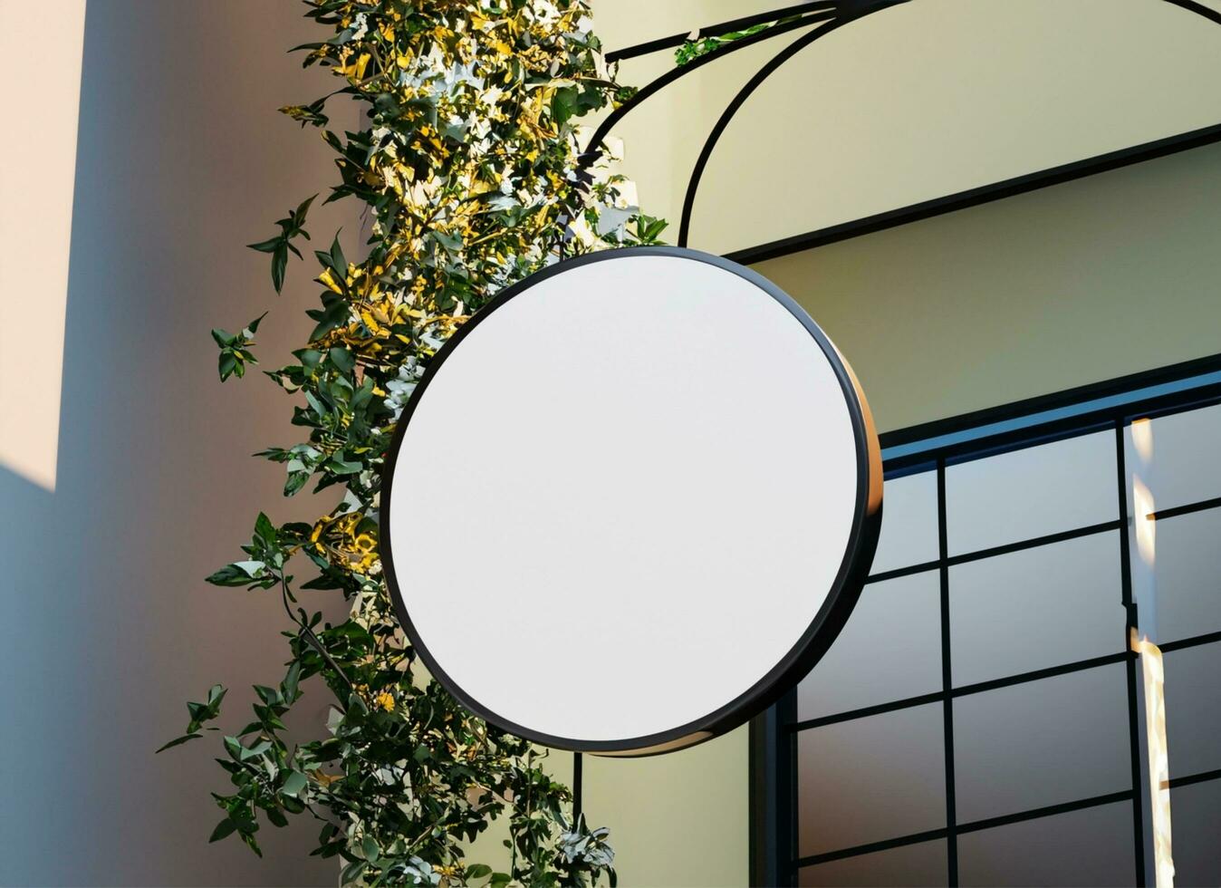 AI generated Mockup blank signboard hanging on the wall photo