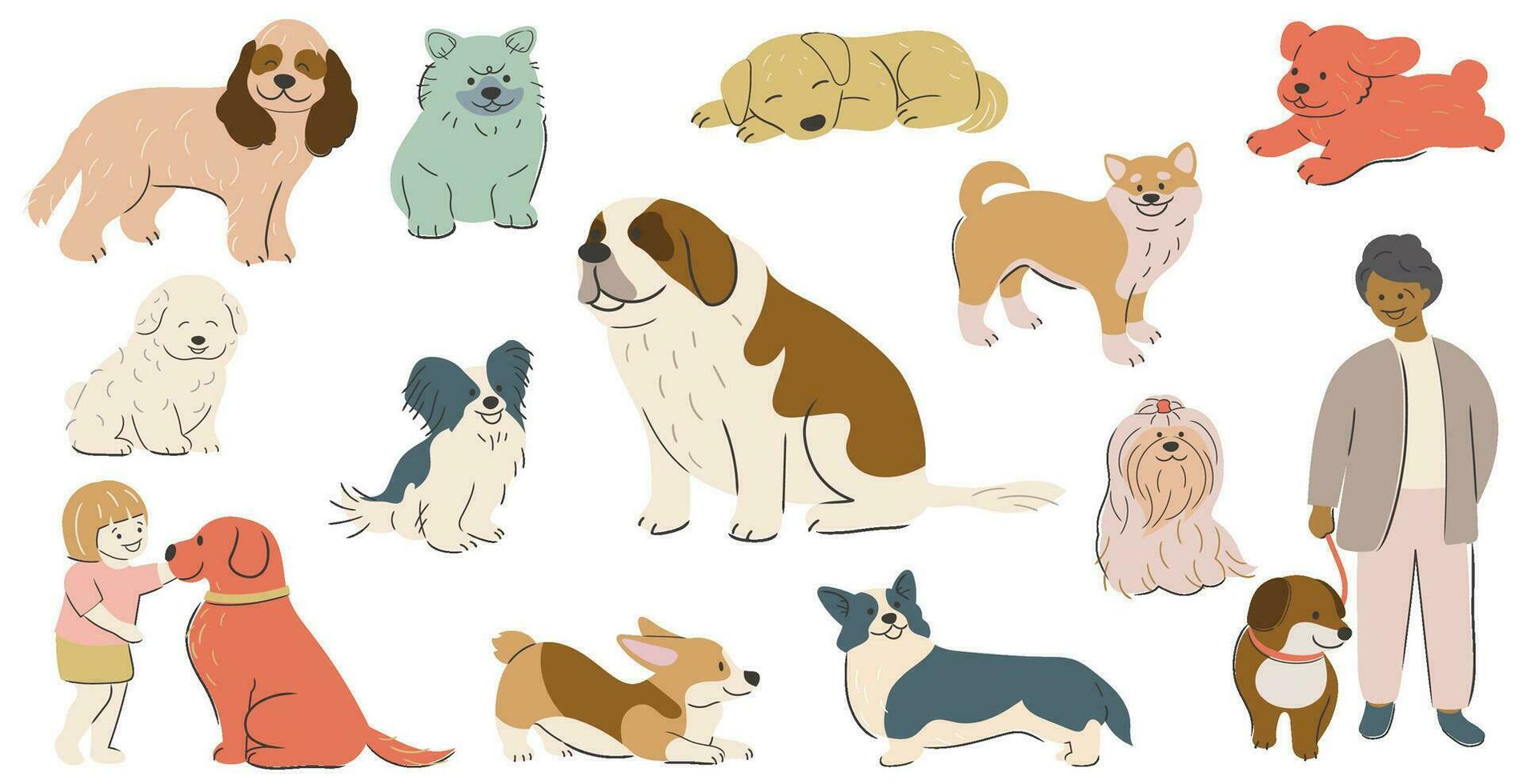 linda dibujado a mano caricaturesco perros vector ilustración conjunto aislado en un blanco antecedentes.