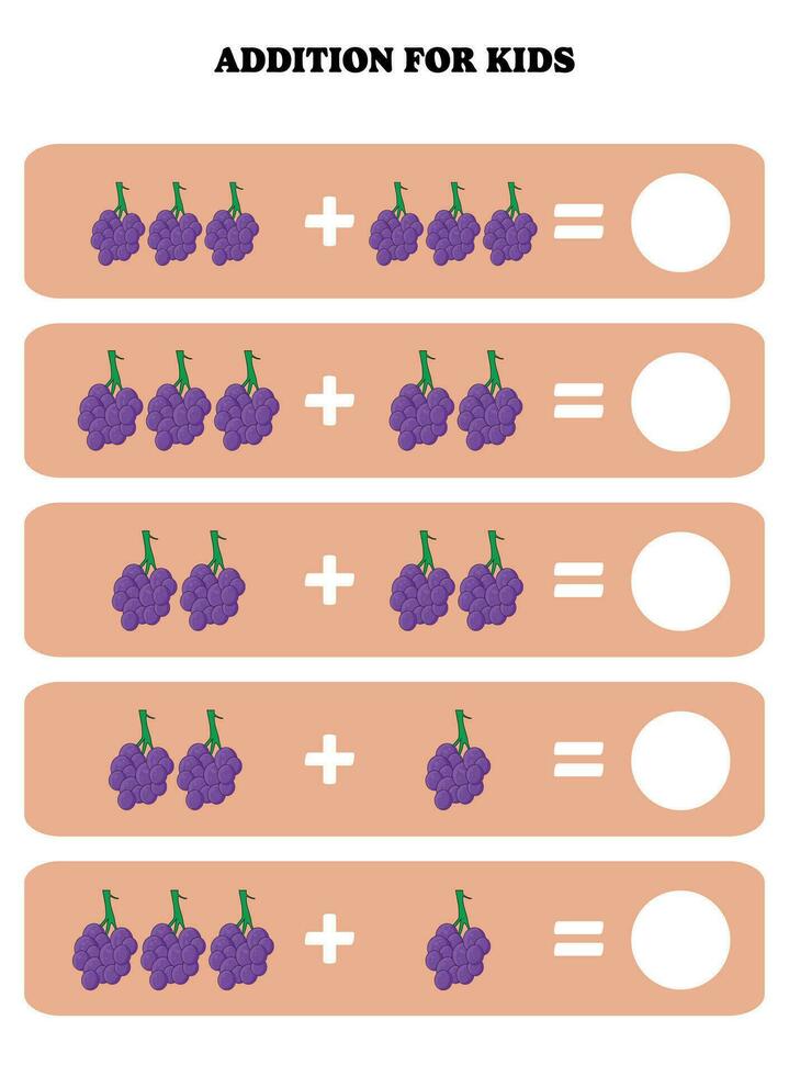 Addition page for kids. Educational math game for children with grape. Printable worksheet design. Learning mathematic. vector