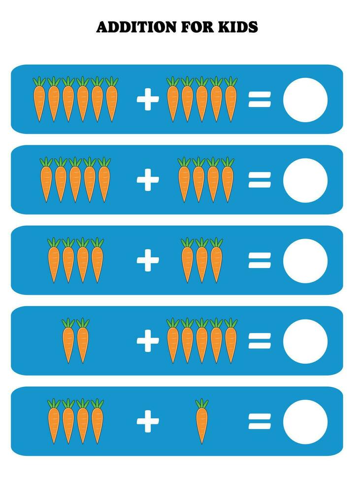 Addition page for kids. Educational math game for children with carrot. Printable worksheet design. Learning mathematic. vector