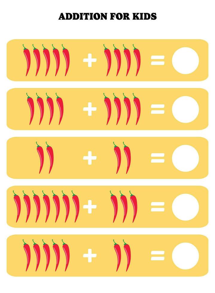 Addition page for kids. Educational math game for children with pepper. Printable worksheet design. Learning mathematic. vector