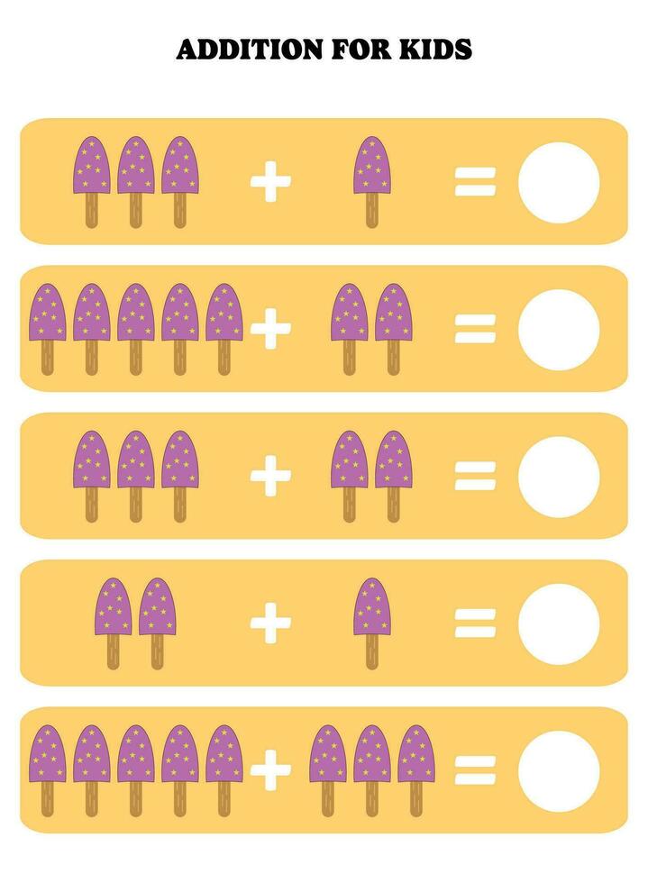 Addition page for kids. Educational math game for children with ice cream. Printable worksheet design. Learning mathematic. vector