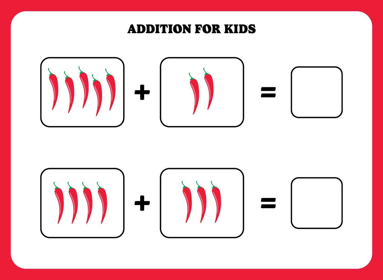 Addition page for kids. Educational math game for children with pepper. Printable worksheet design. Learning mathematic. vector