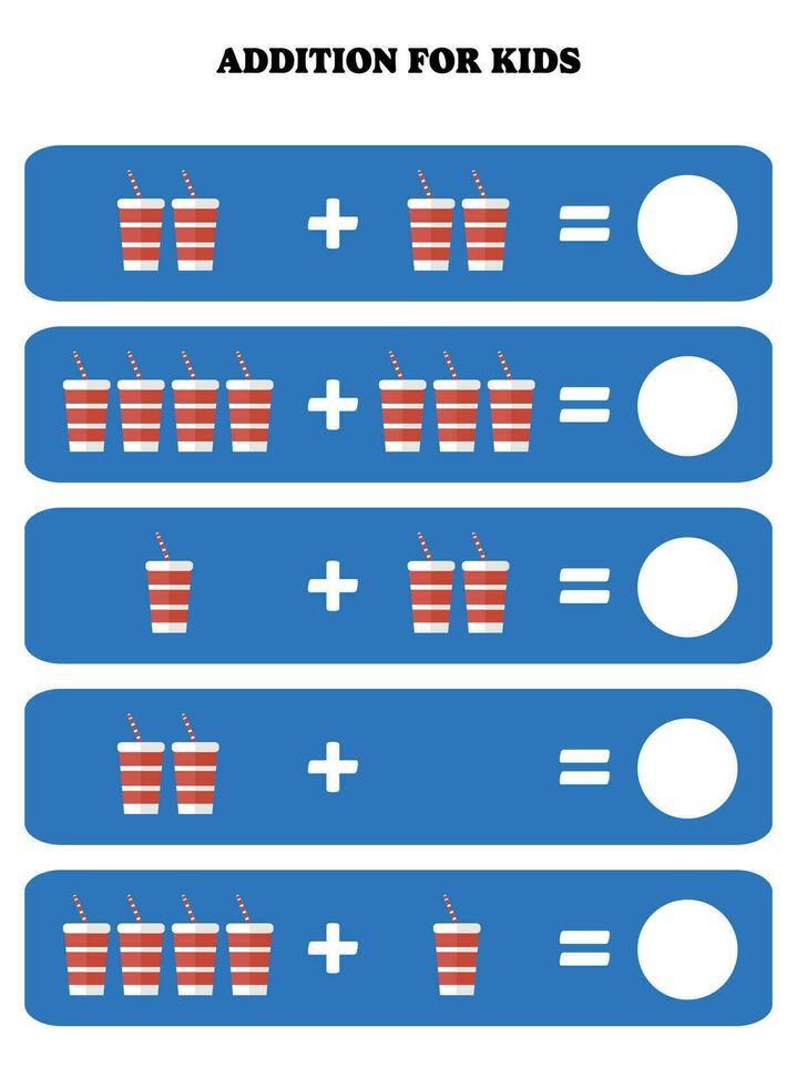 Addition page for kids. Educational math game for children with drink. Printable worksheet design. Learning mathematic. vector